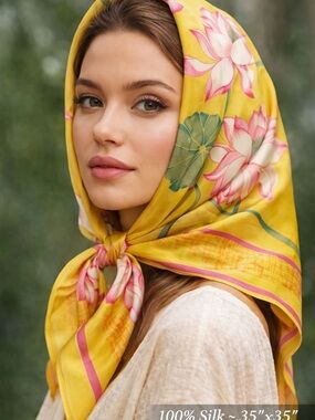 Vintage 100% Silk Scarf yellow pink lotus flowers Large 35” hand rolled